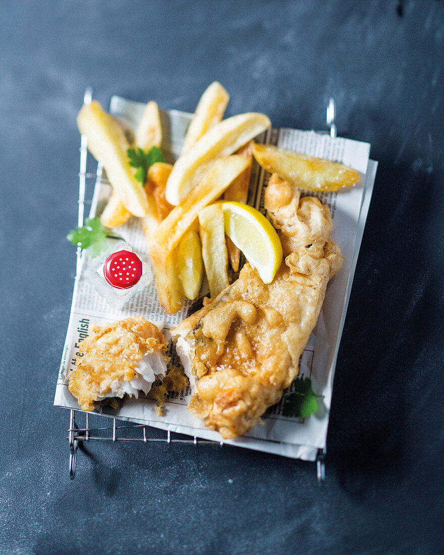 Beer-battered fish and crunchy chips