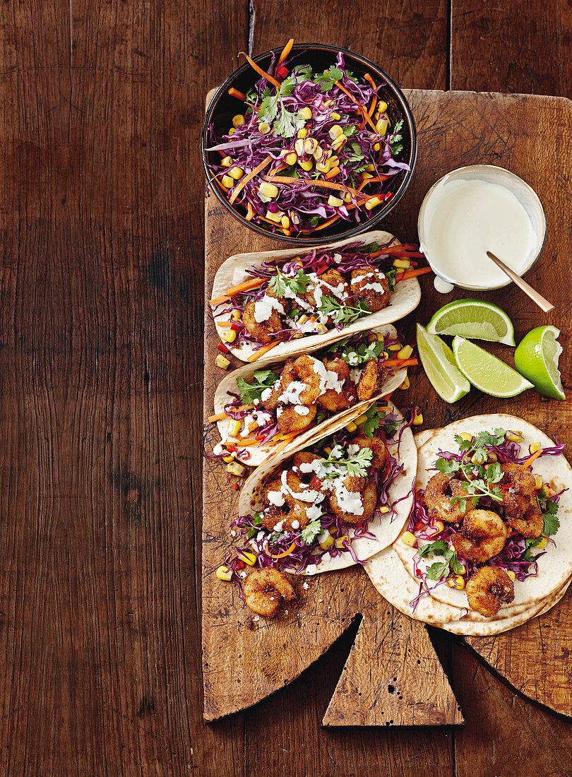 Spicy prawn and slaw tacos