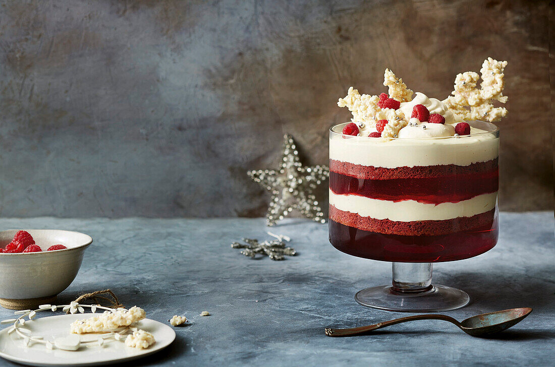 Trifle with red velvet and puffed rice for Christmas