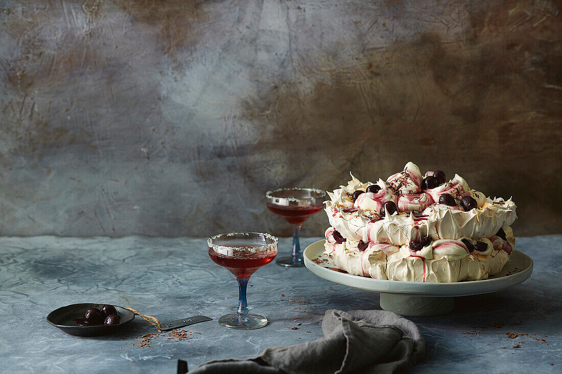 Coconut pavlova with cherries