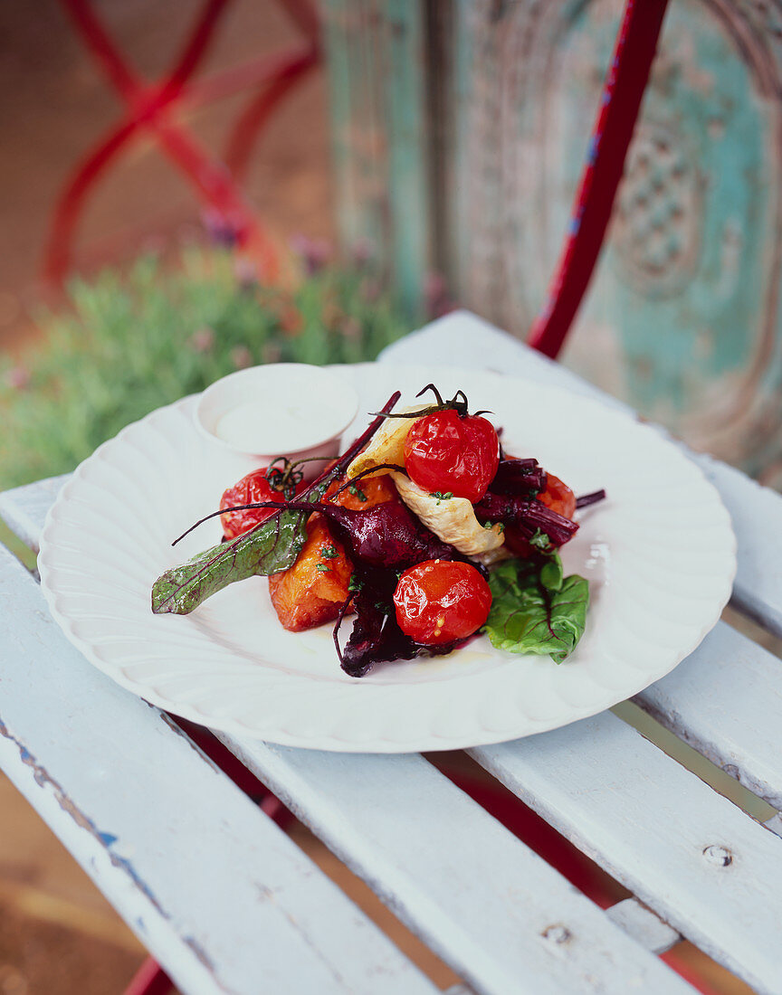Beetroot salad with sweet potatoes and fennel yoghurt dressing