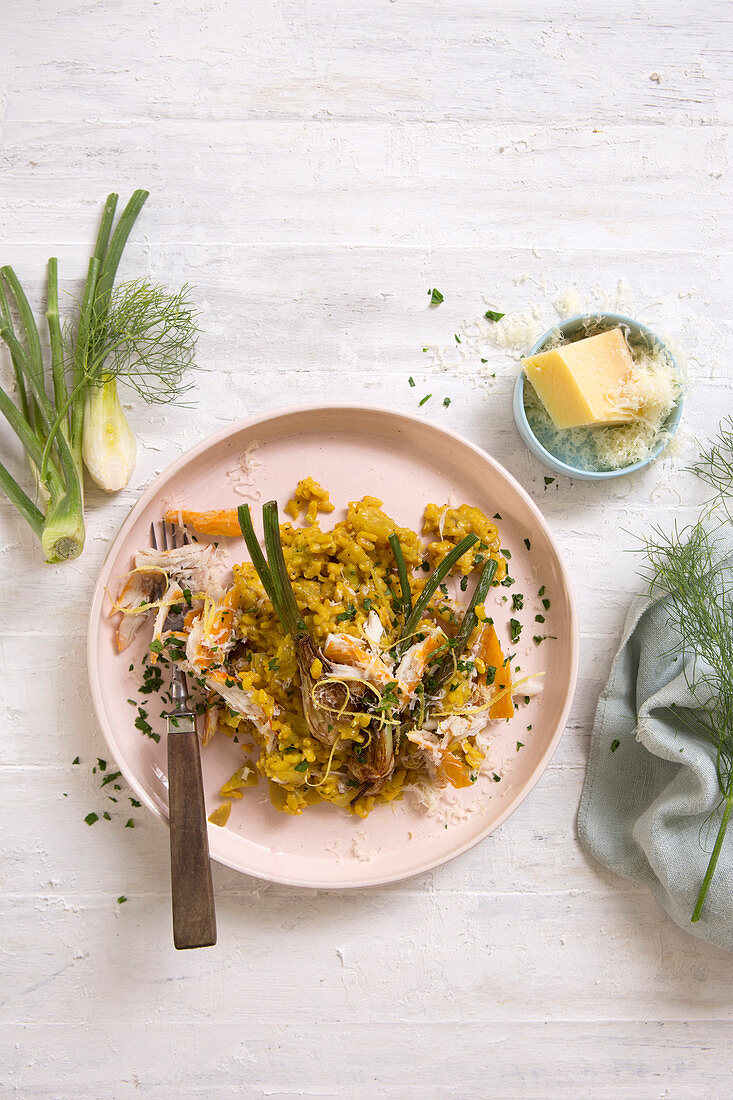 Fennel and saffron risotto with smoked fish