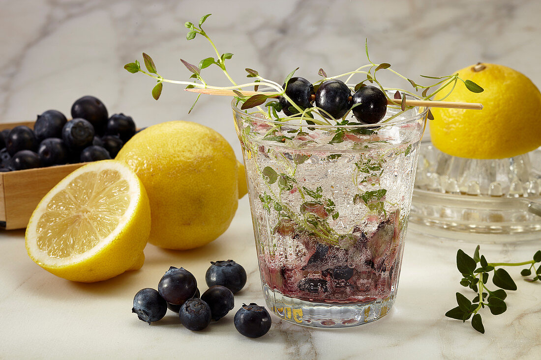 A glass of blueberry lemonade with thyme