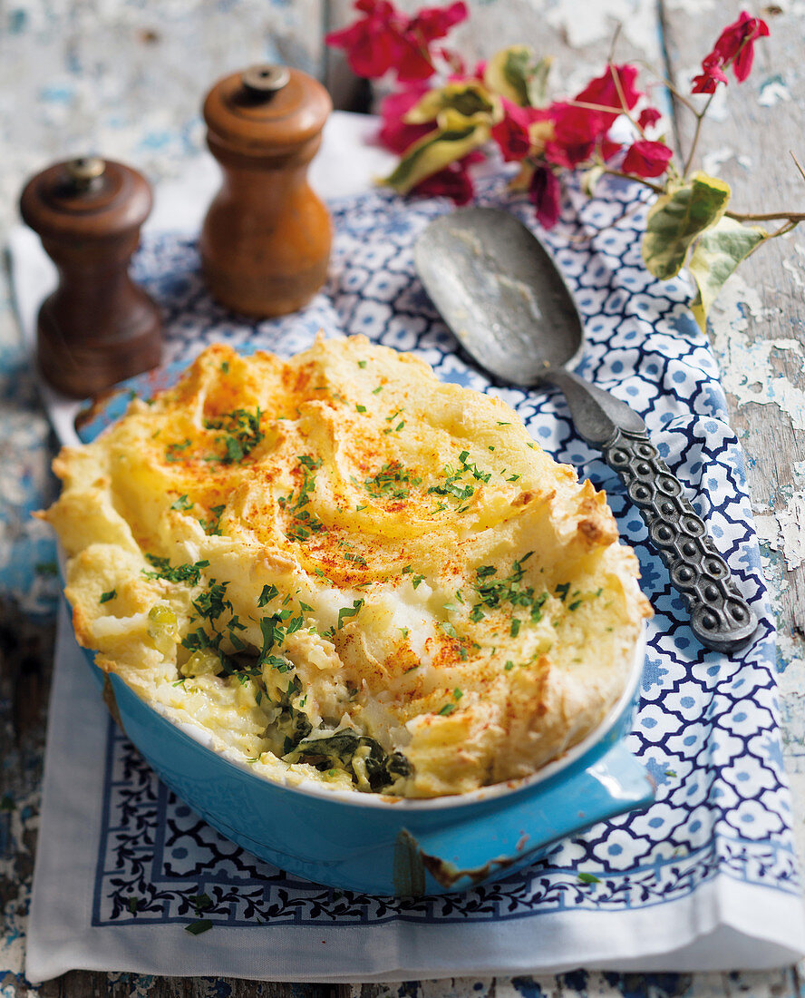 Creamy fish pie topped with mashed potatoes