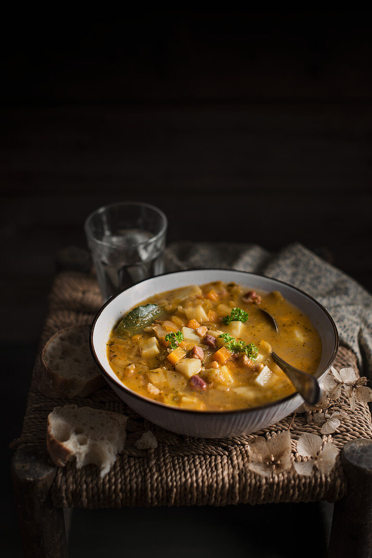 Leek, potato and pancetta chunky soup with fresh bread