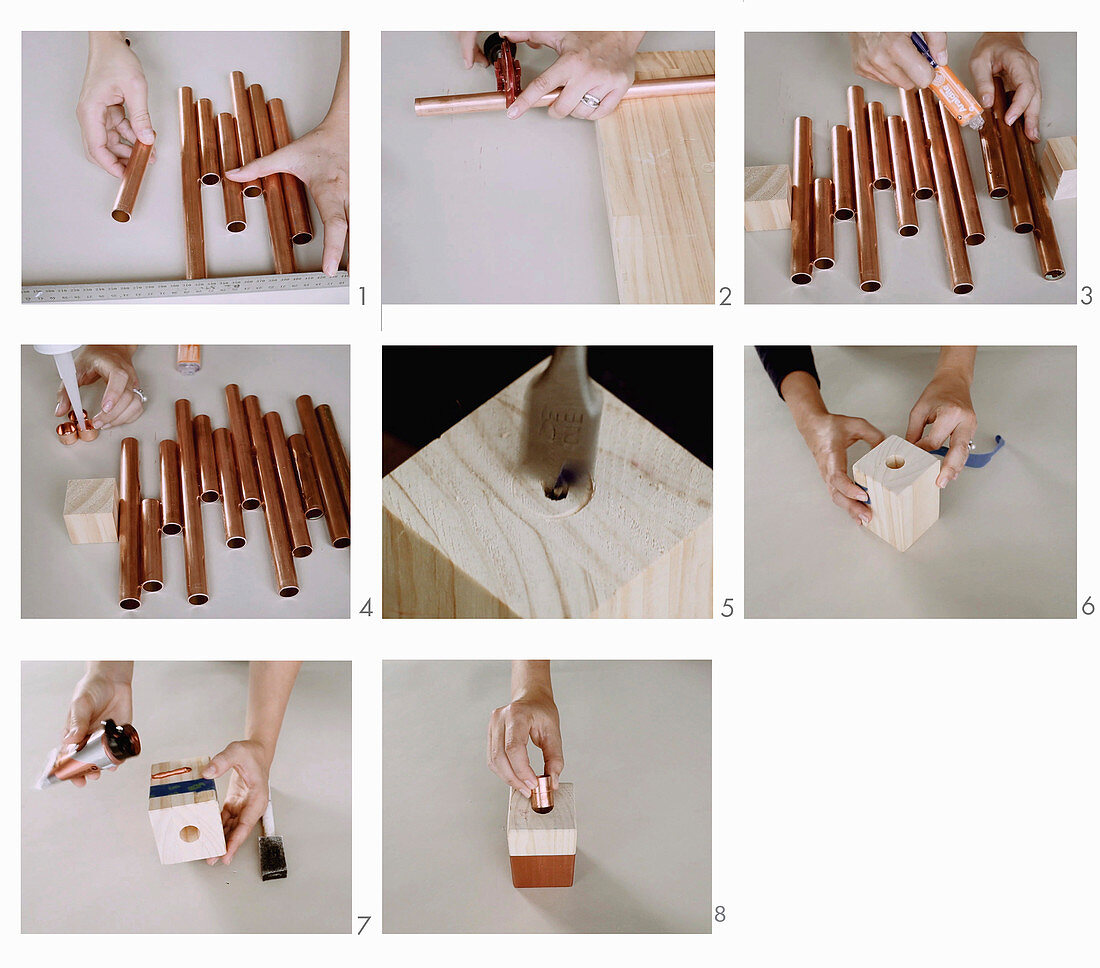 Make candle holders from wooden blocks and copper pipe