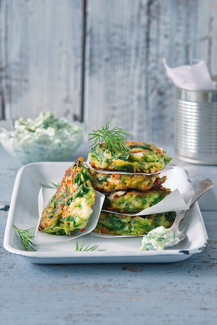 Courgette fritters with feta cheese and tzatziki