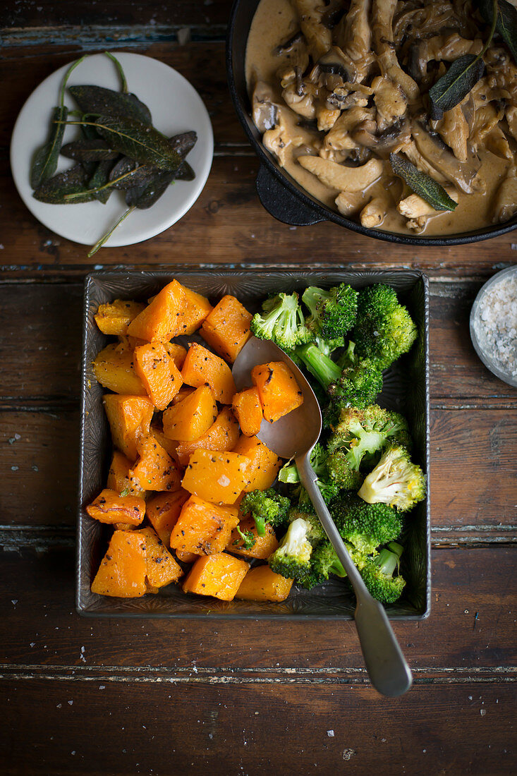 Roasted butternut squash and broccoli