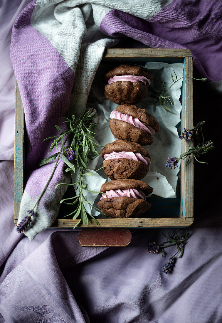 Vegan chocolate whoopie pies with lavender cream