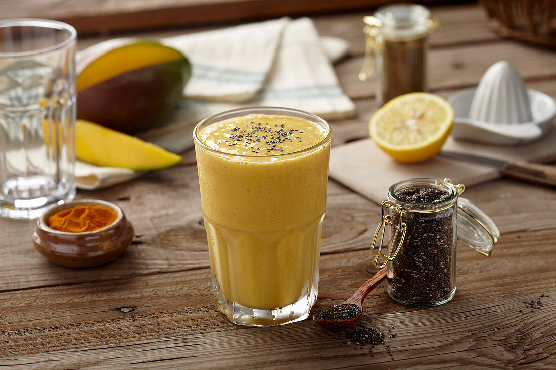 A turmeric and mango shake with chia seeds