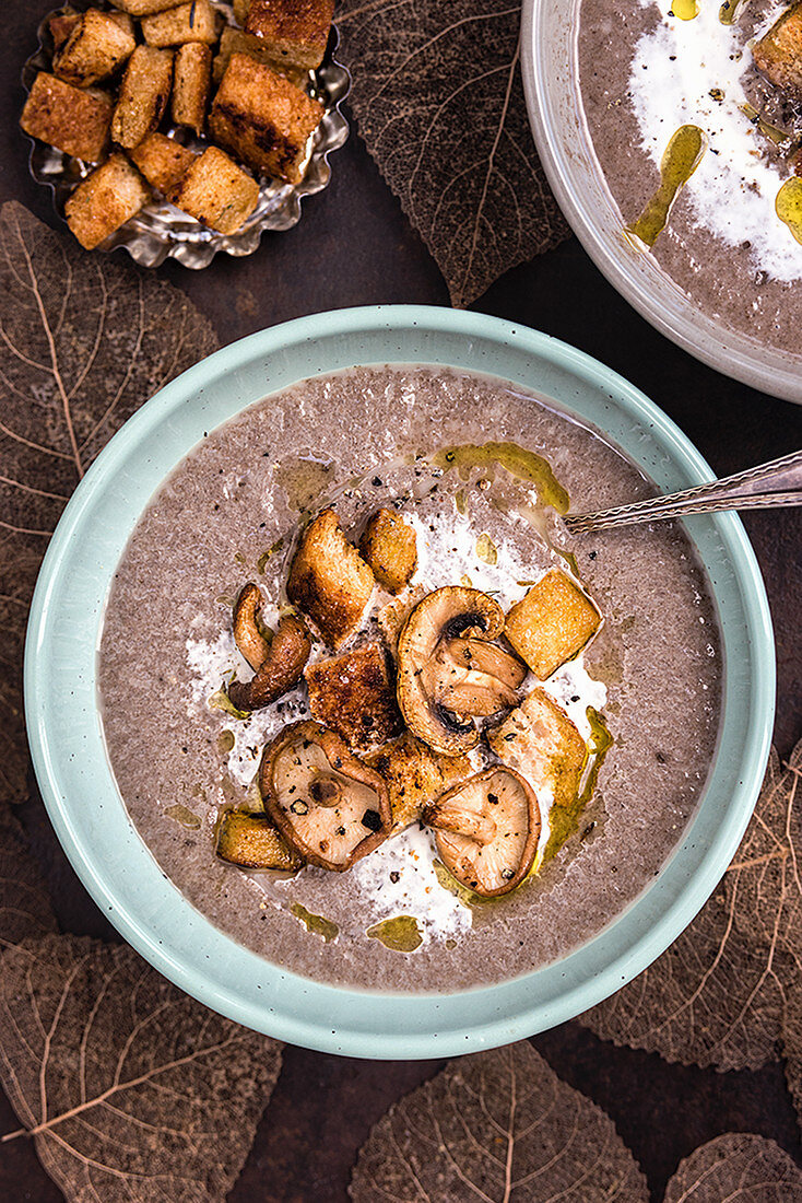 Creamy mushroom soup with garlic croutons