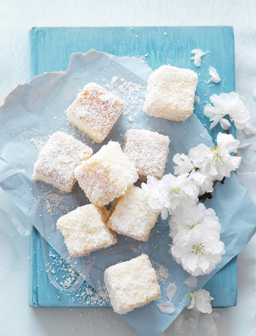Small white chocolate lamingtons with coconut flakes