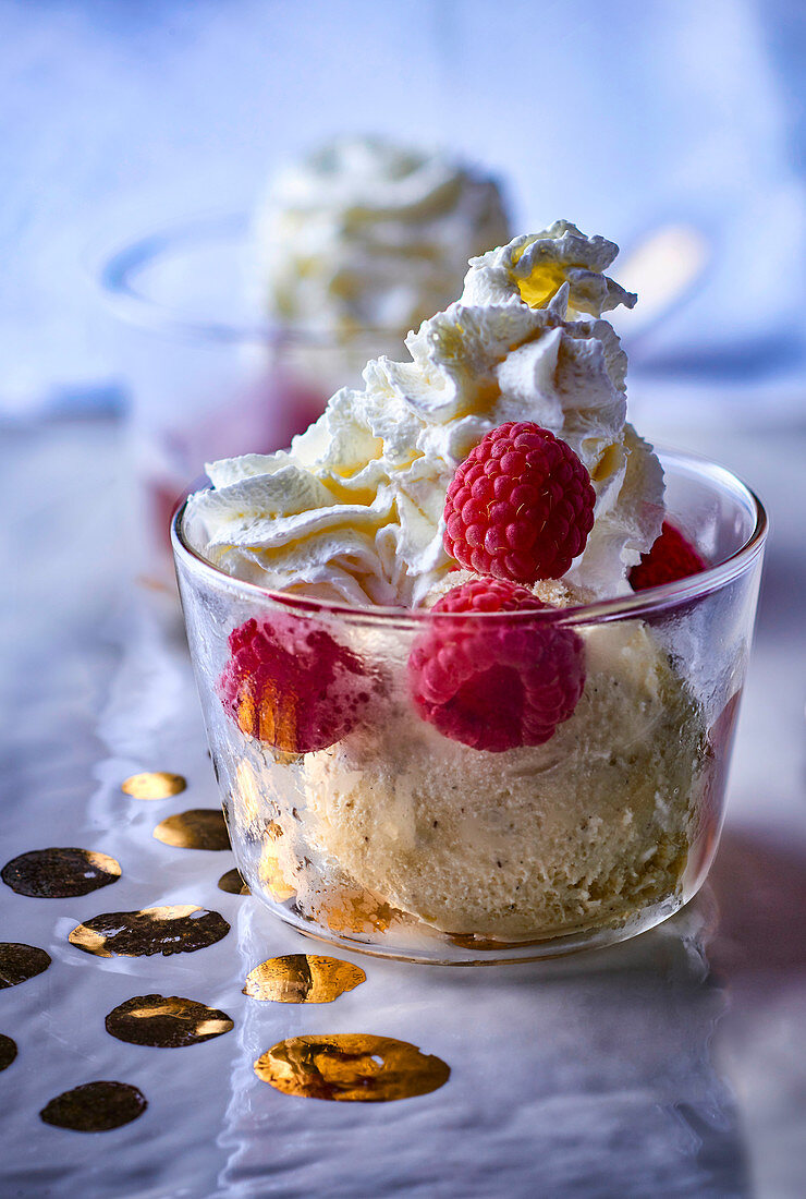 Vanilla ice cream with cream and fresh raspberries