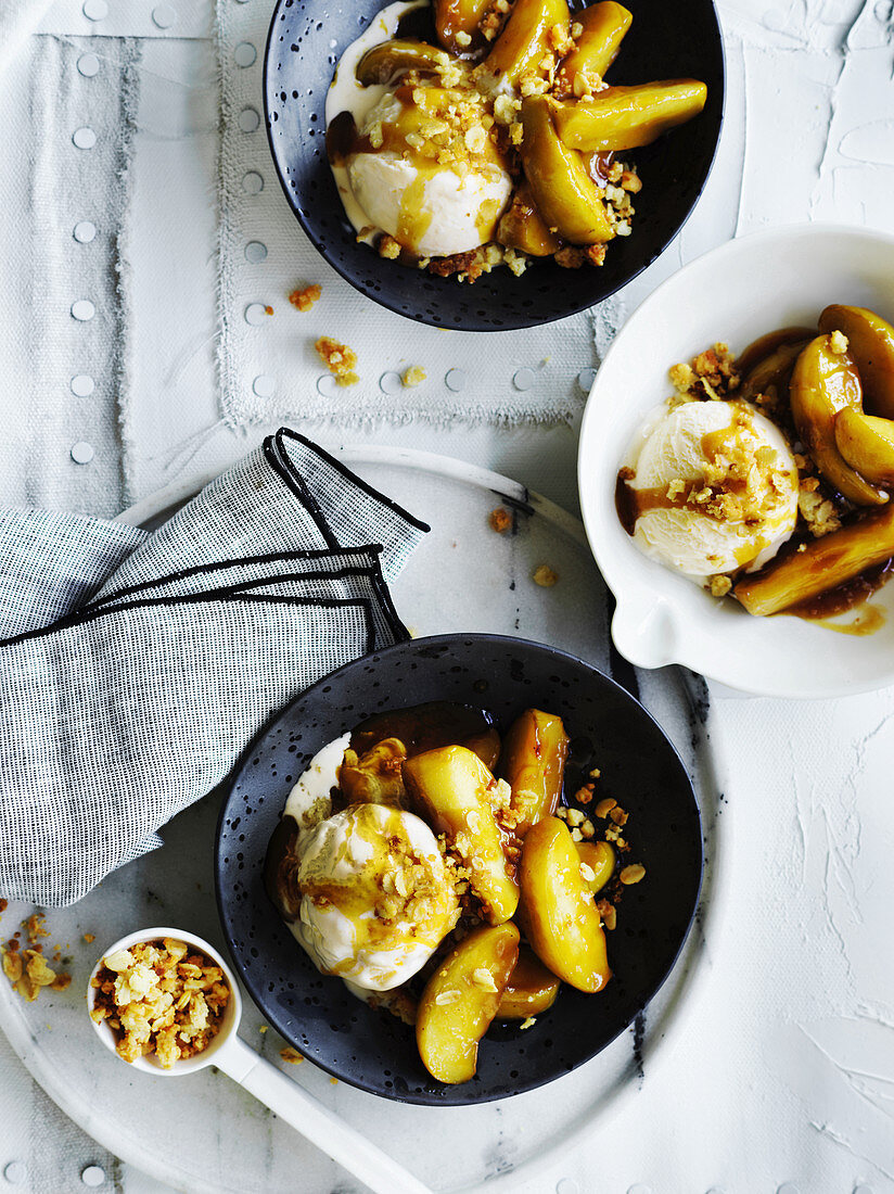 Miso-caramel apple with macadamia crumble and vanilla ice cream