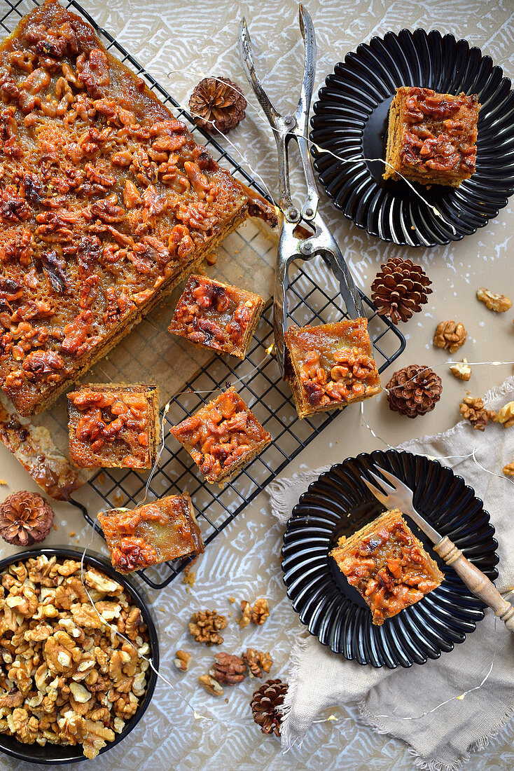 Christmas cake with walnuts in caramel