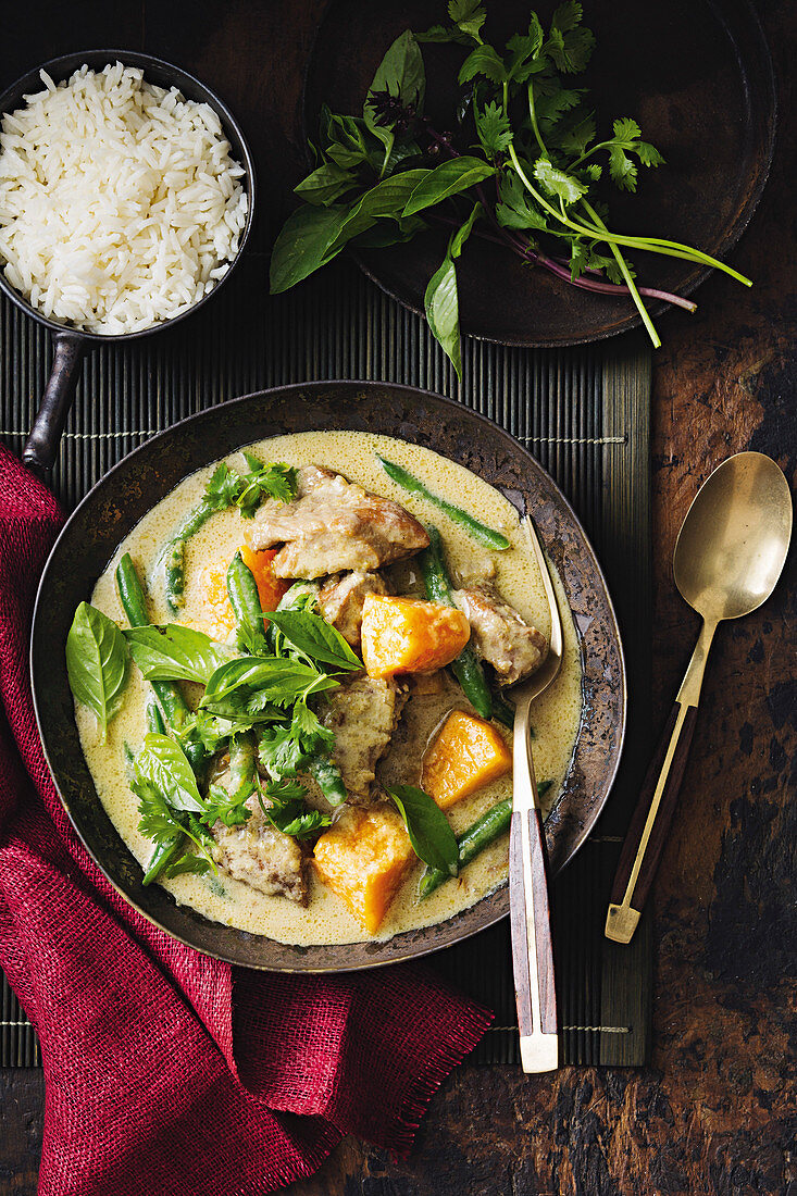 Slow-cooked pork curry with pumpkin and lemon grass