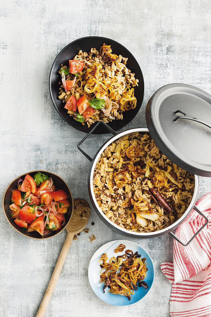 Koshari (pasta and rice with lentils, Egypt)