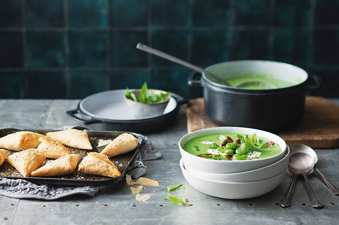 Pea and broad bean soup with crispy bacon