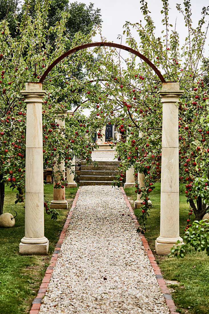 Arbor with stone columns above the gravel path in the apple orchard