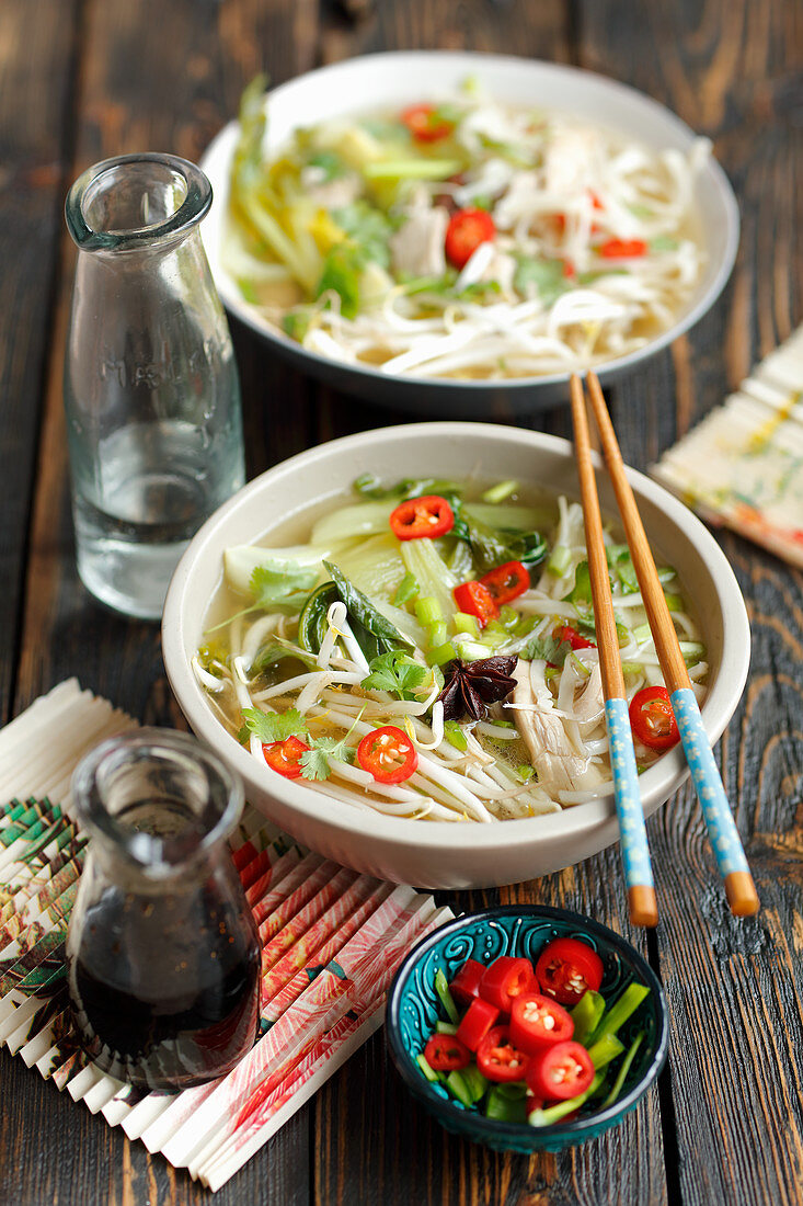 Chicken broth with ramen, bok choy, sprouts and herbs