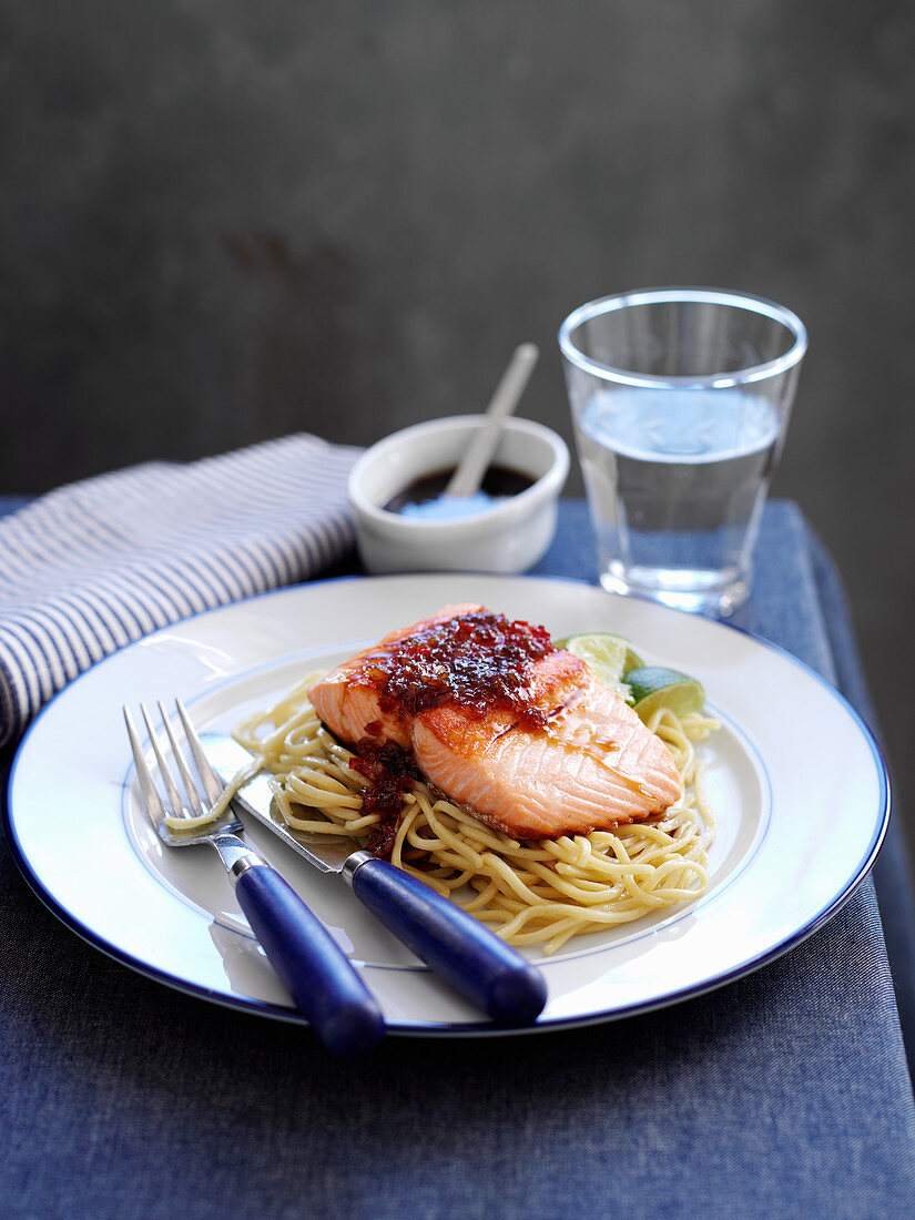 Salmon with a soy and ginger glaze on egg noodles