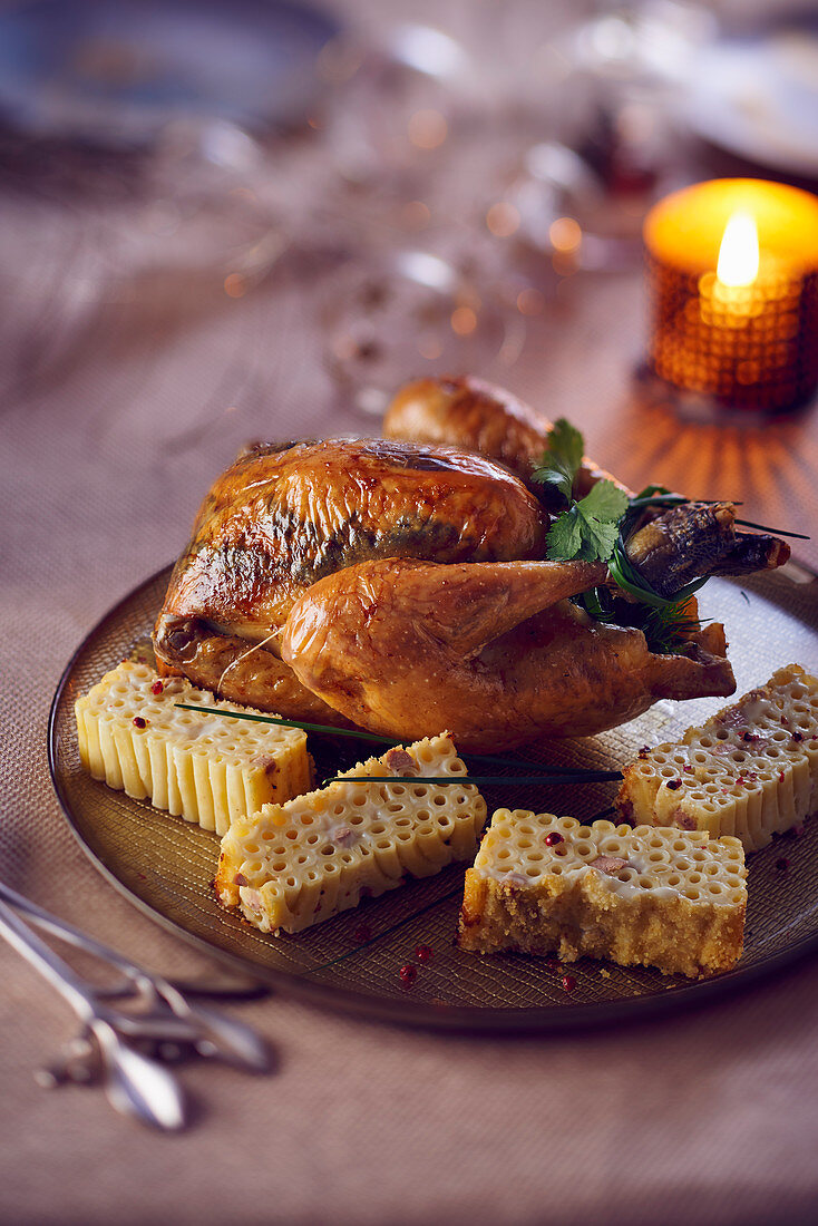 Gefülltes Hähnchen mit Makkaronigratin zu Weihnachten