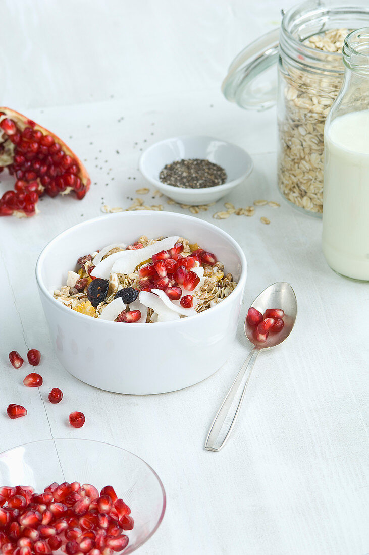 Muesli with milk, oats, cereals, chia seeds, pomegranate seeds, grated coconut and cranberries