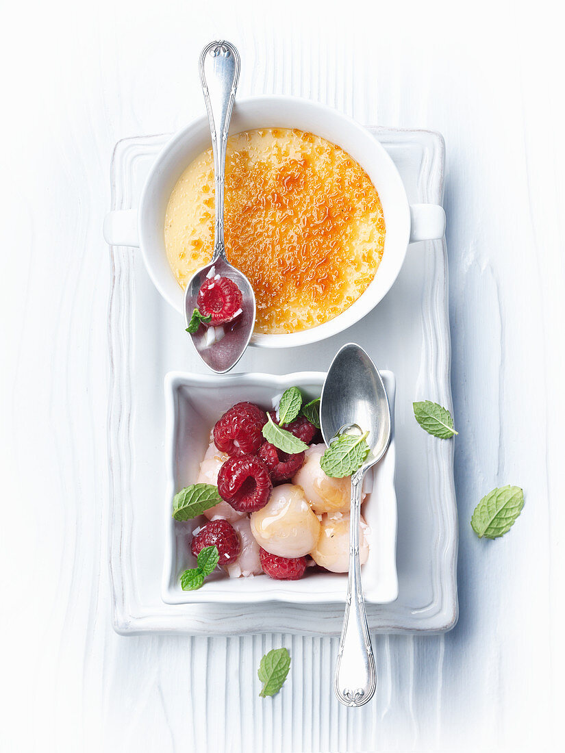 Coconut crème brûlée with a lychee and raspberry ragout