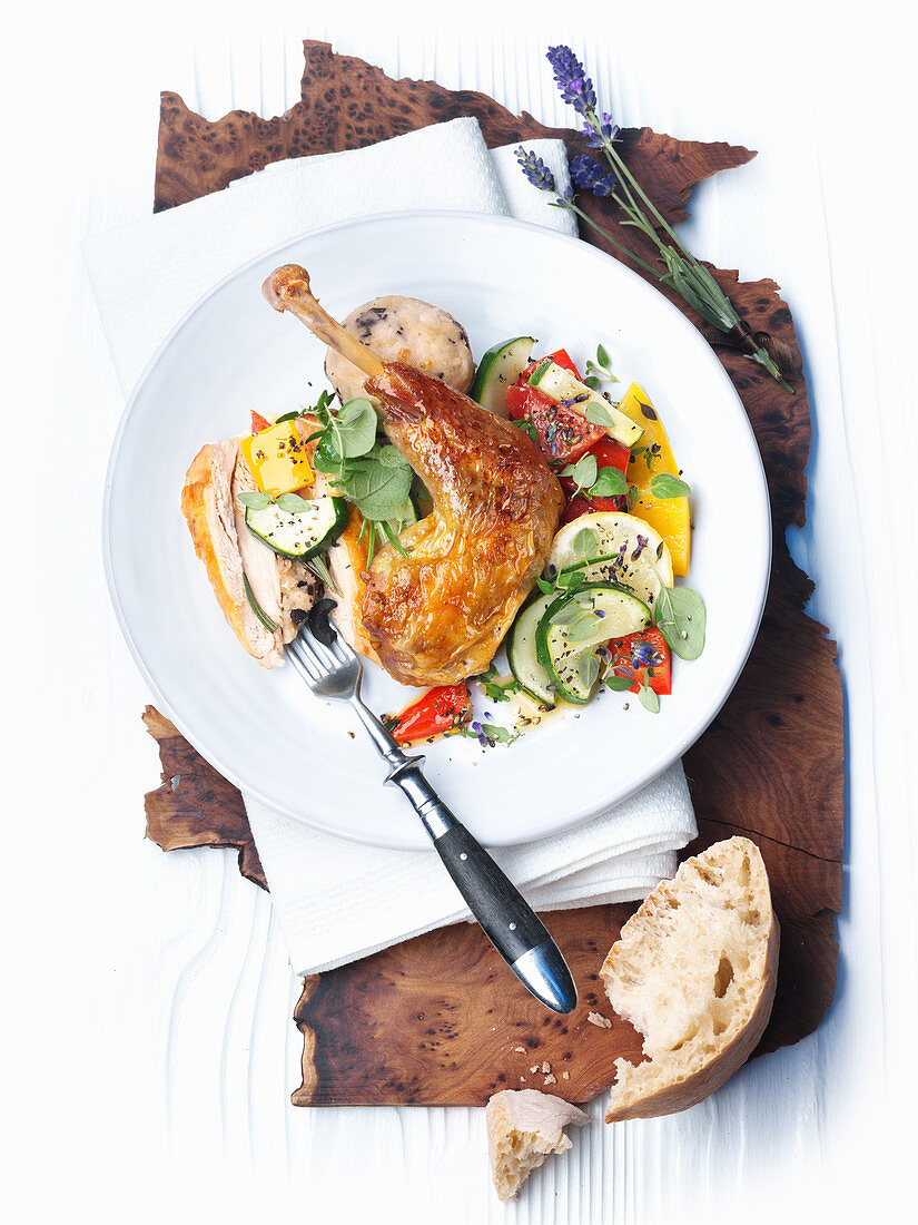 Crispy guinea fowl with a ciabatta and olive stuffing