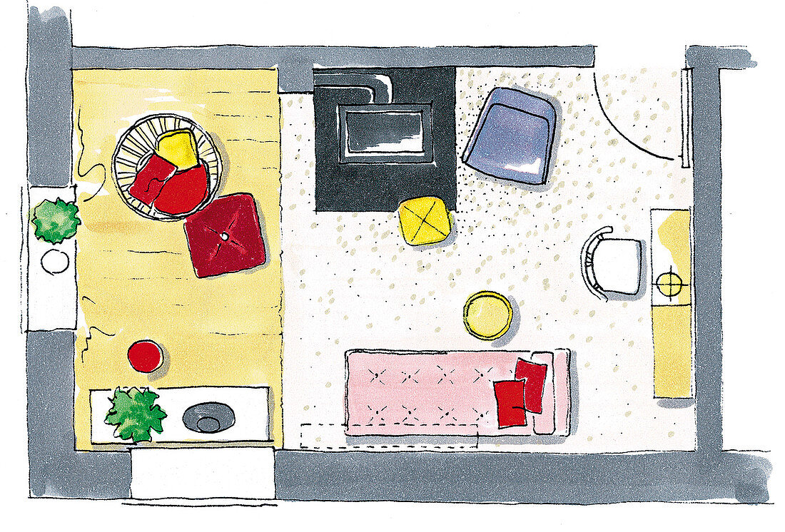 A floor plan of a living room with two types of flooring