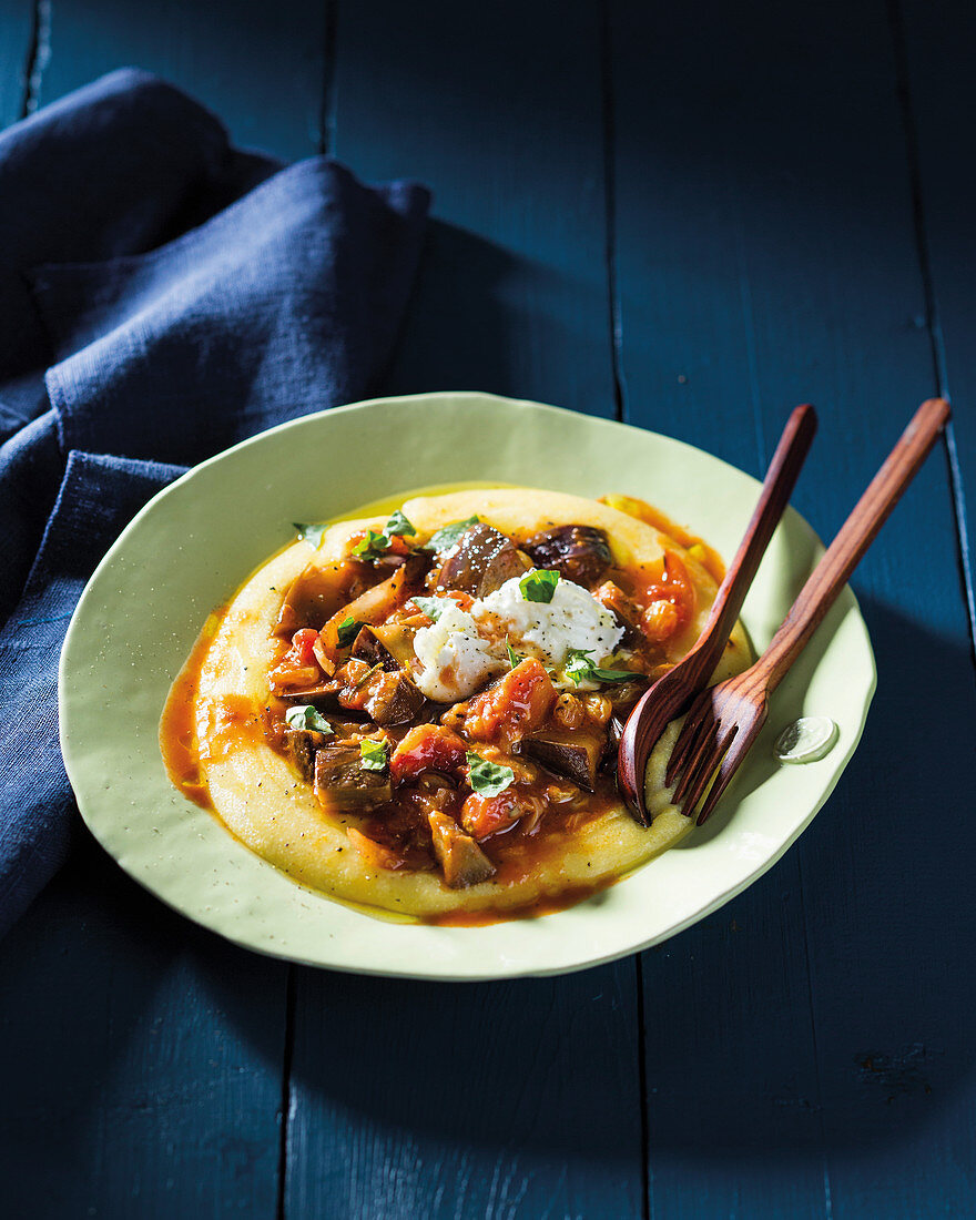 Mediterranean aubergine and tomato stew with polenta