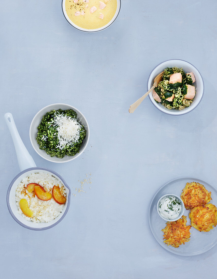 Milchreis, Risotto, Kraftsuppe, Spinatnudeln und Rösti