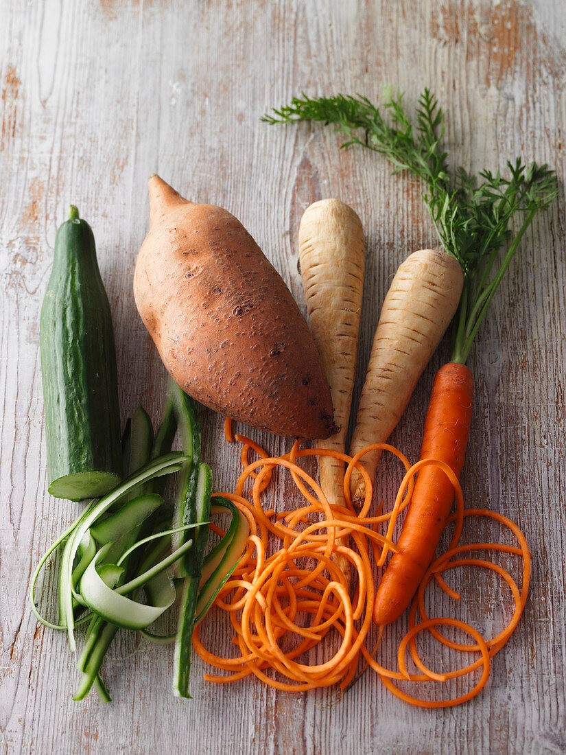 Cucumber, sweet potato, carrots and parsnips as vegetables spirals
