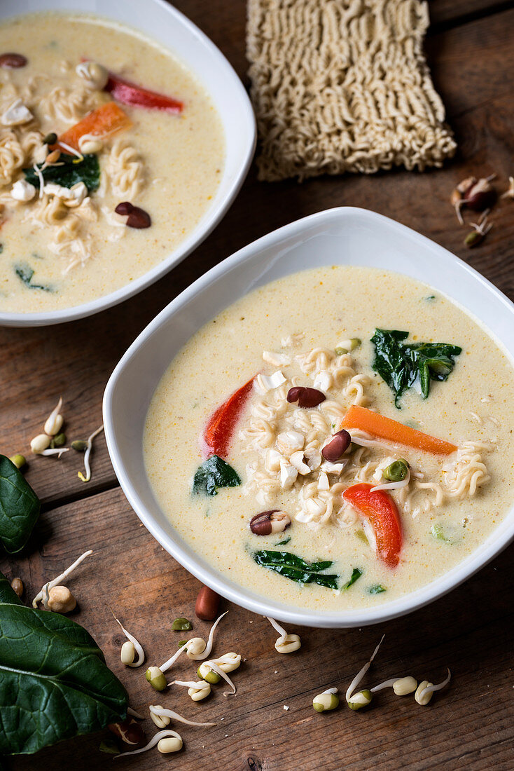 Vegan coconut curry soup with mie noodles, bok choy, peppers, cashew nuts and bean sprouts
