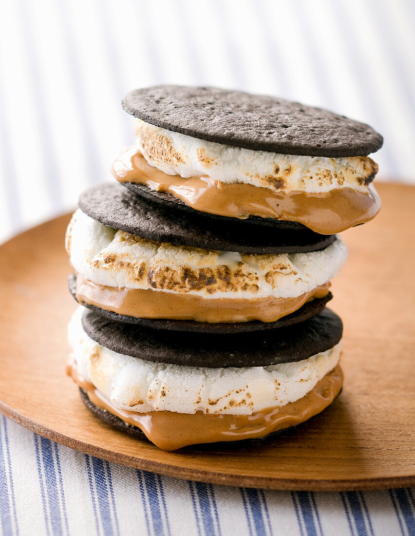A stack of chocolate and peanut butter s'mores (USA)