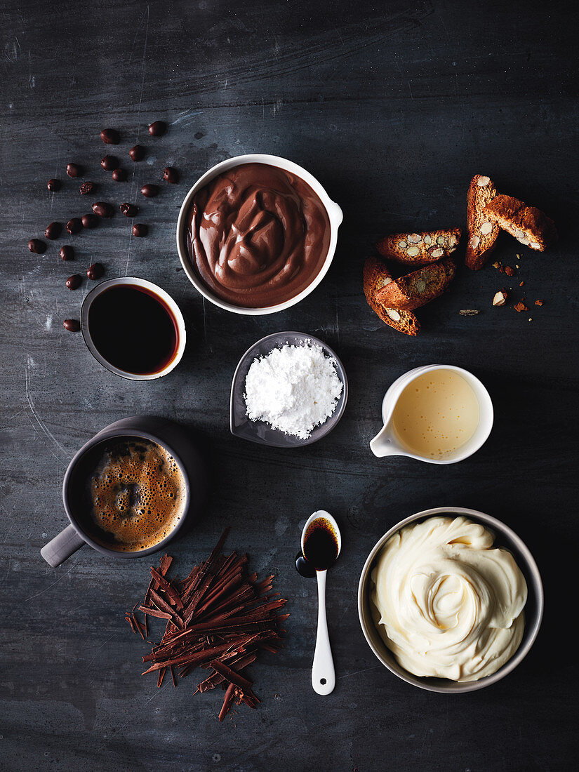 Ingredients for a mocha-tiramisu cup