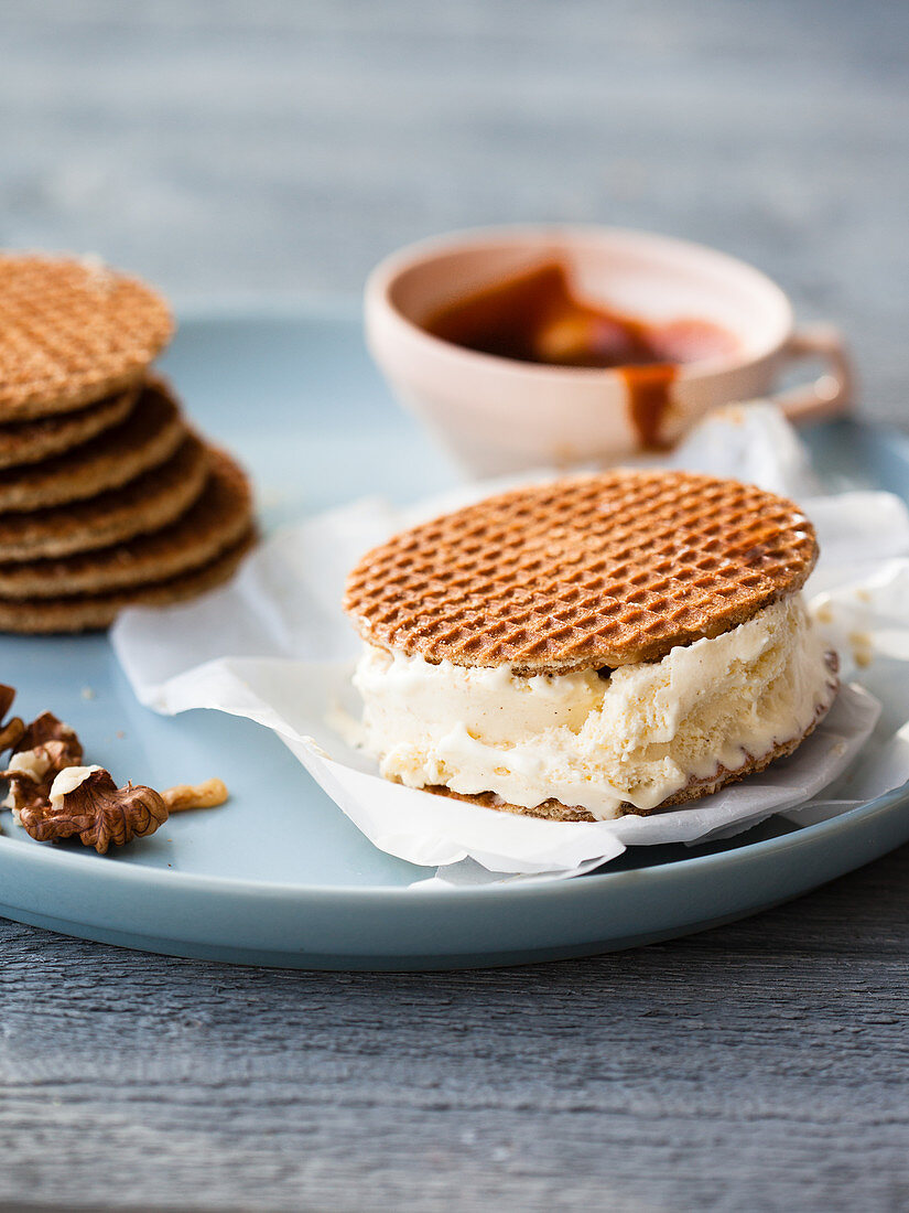 Stroopwafel with ice cream and salted caramel sauce