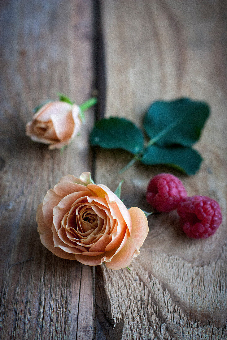 Peach-coloured roses and raspberries on a wooden surface