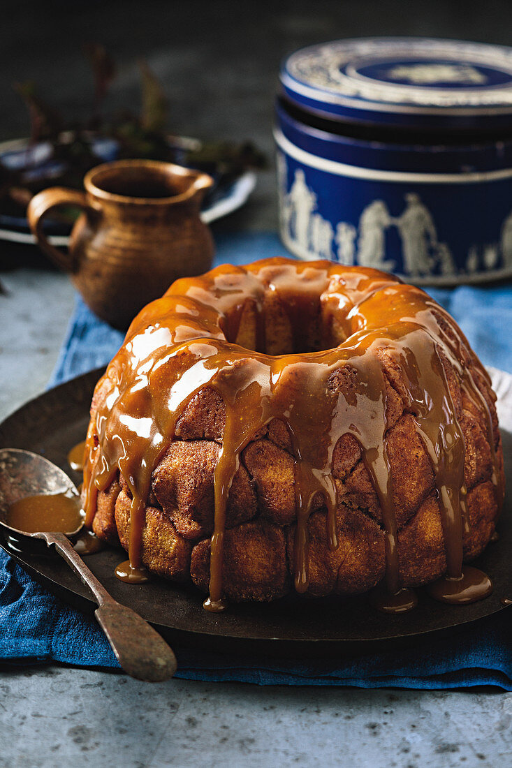 Monkey bread filled with apples and topped with caramel sauce
