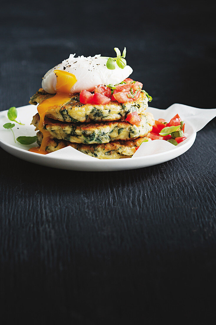 Silverbeet and artichoke fritters with poached egg