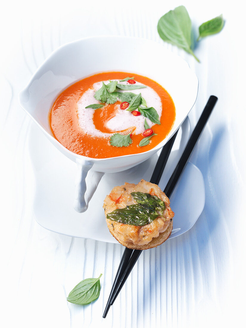Tomato and coconut soup with shrimp croutons
