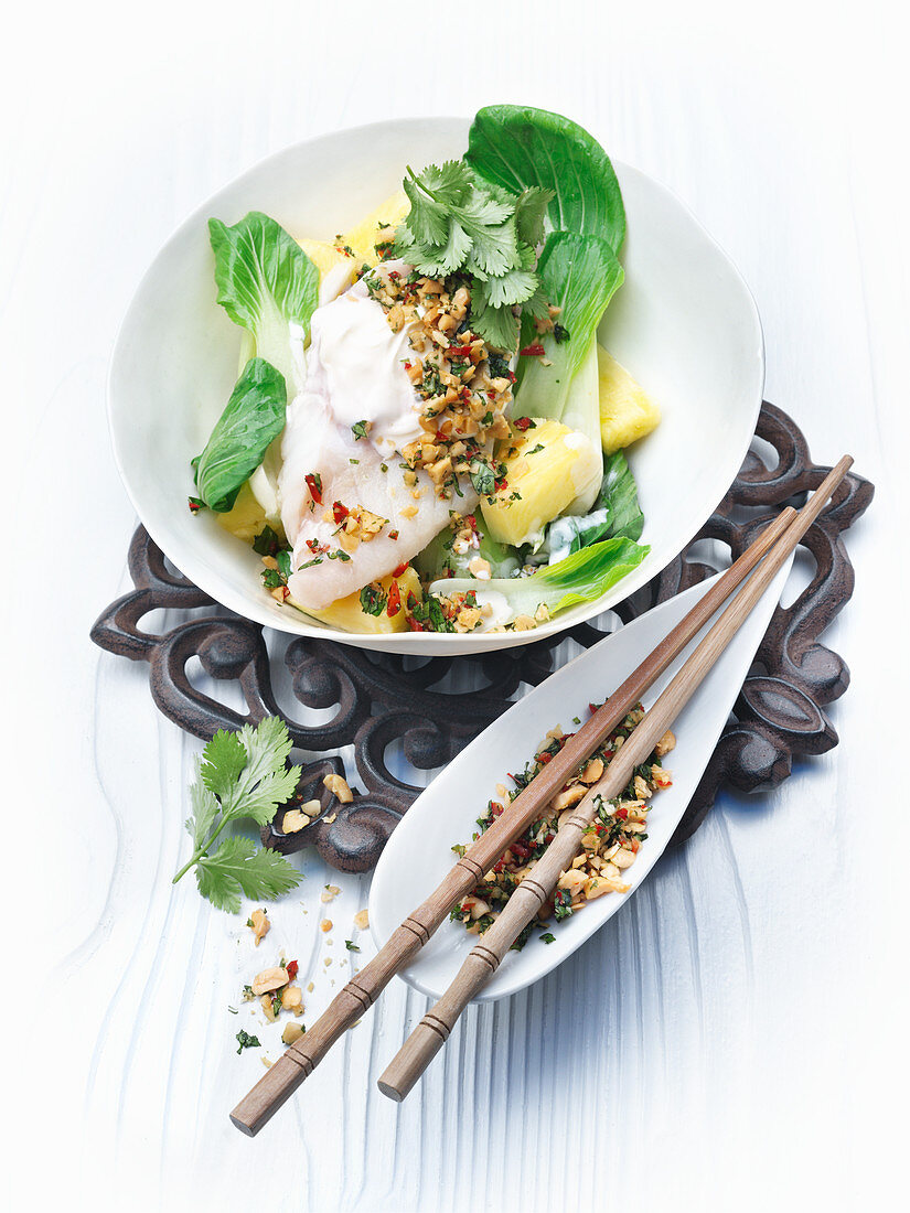 Grouper in coconut milk with pak choi and pineapple chunks