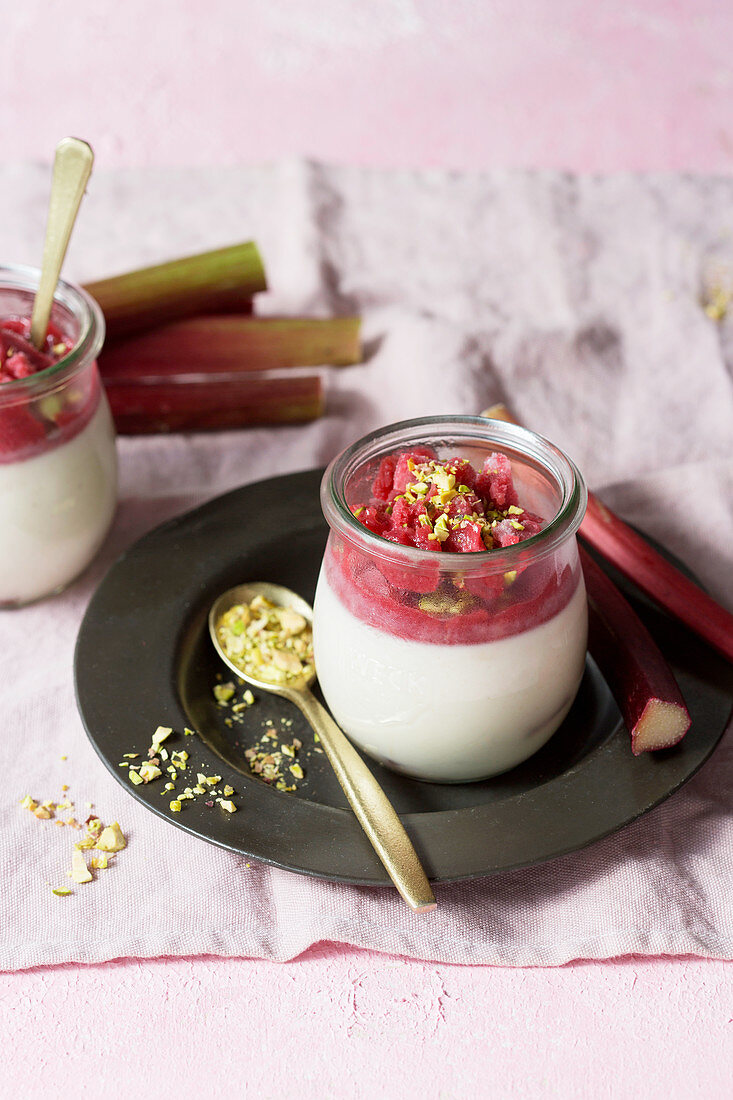 Rosy yoghurt Panna Cotta with rhubarb granita