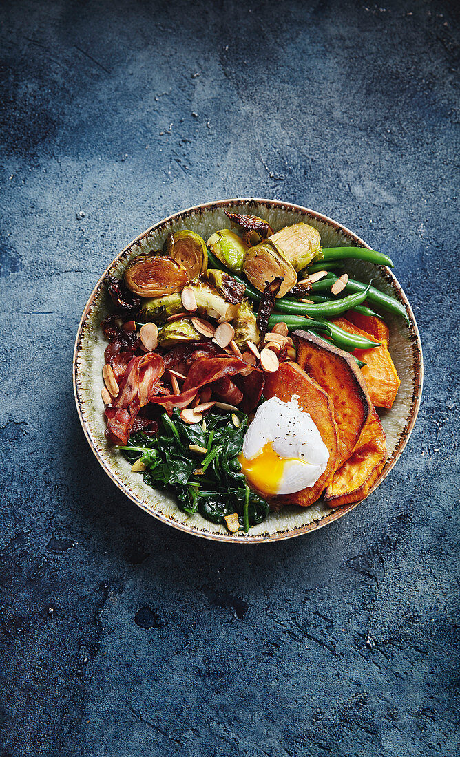 Roasted, sprout, sweet potato, pancetta and spinach bowl