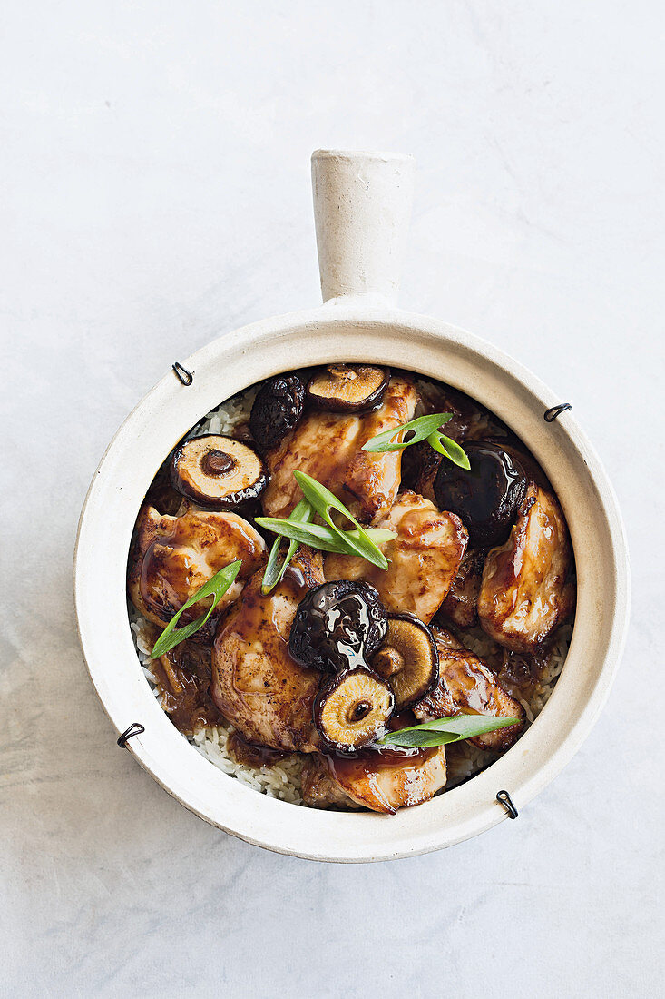 Chicken, shiitake mushrooms and rice cooked in a clay pot (China)