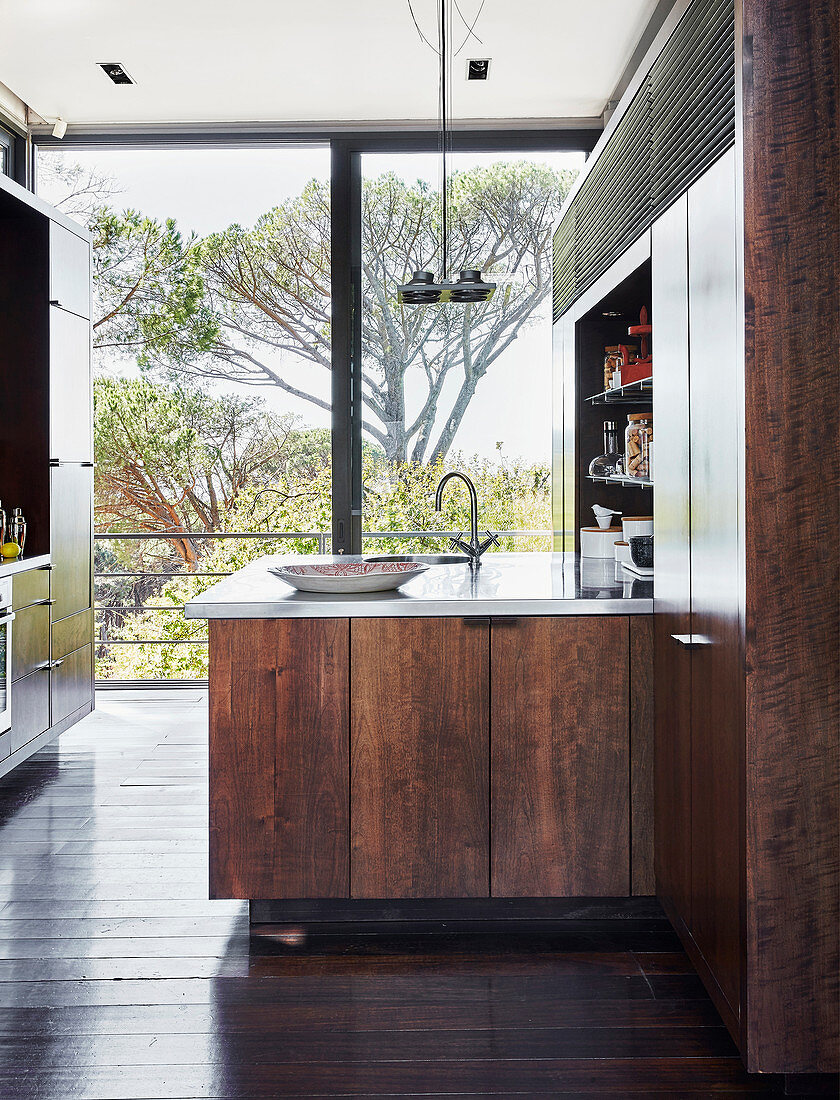 Modern kitchen with dark wooden cupboards and glass wall