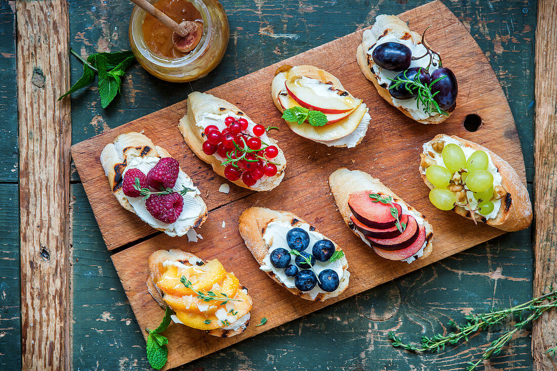 Assorted bruschettas with cream cheese