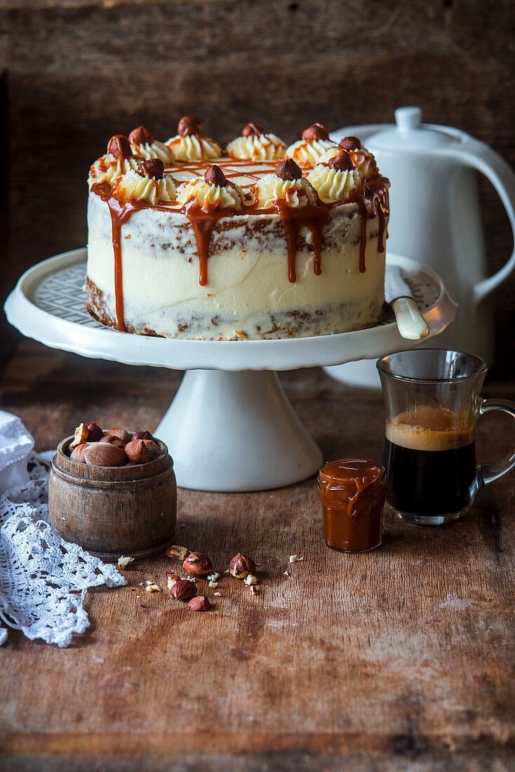 Carrot cake with baked cheesecake filling and caramel