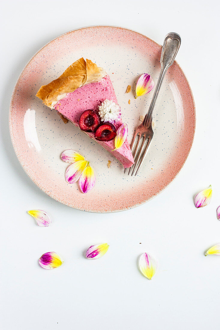 Cherry mousse tart with filo pastry