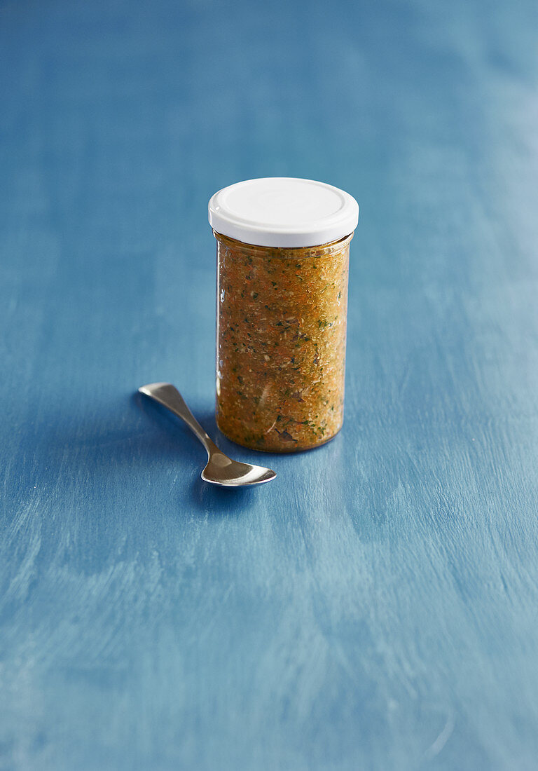 A jar of vegetable stock paste as a soup base